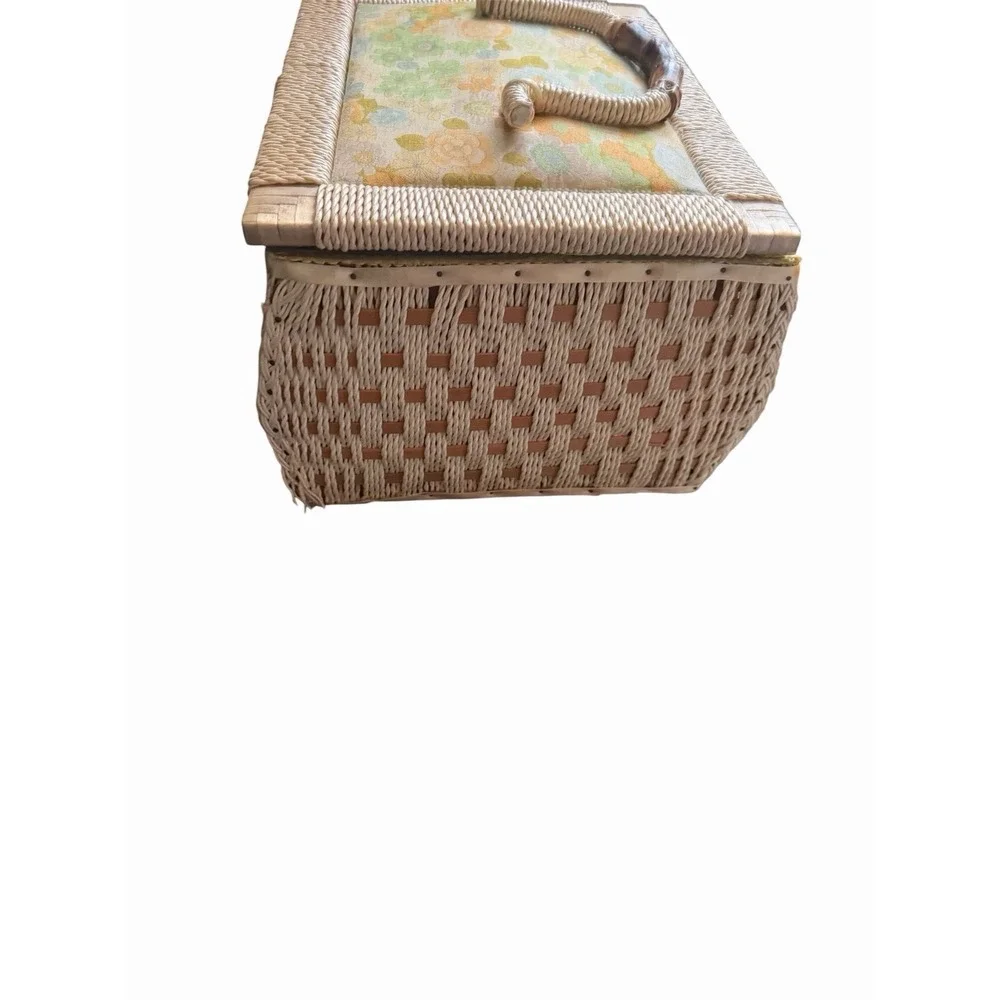VTG JC Penney Wicker Sewing Basket Padded Embroidered Flower Lid. Full Of  Stuff